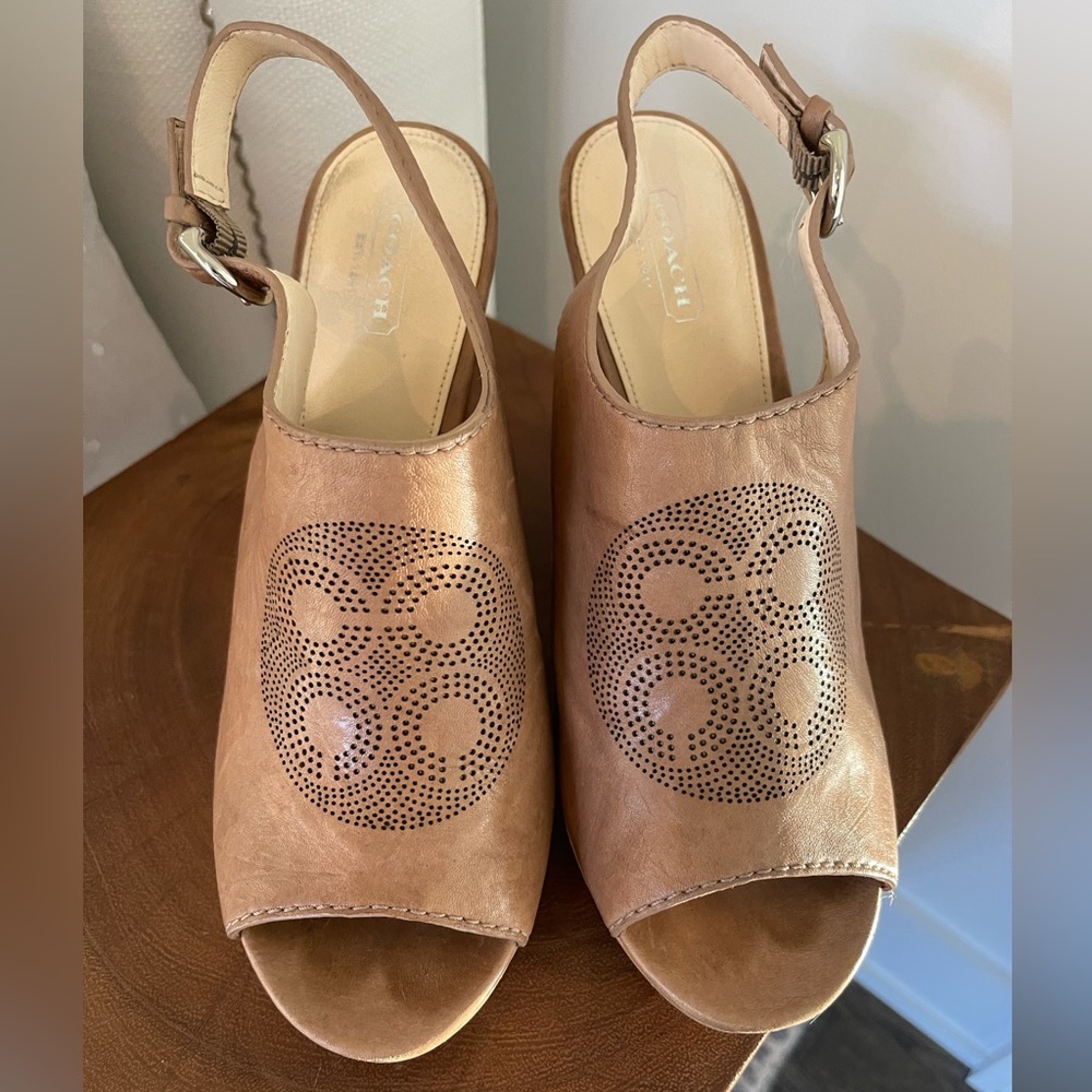 COACH Tan Vintage Wedged Heels with rhinestone skull detail